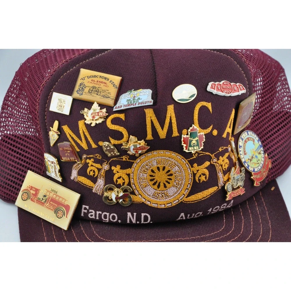 M.S.M.C.A. Trucker Hat Maroon Good Vintage 1984 Fargo ND‎ Shriner Pins